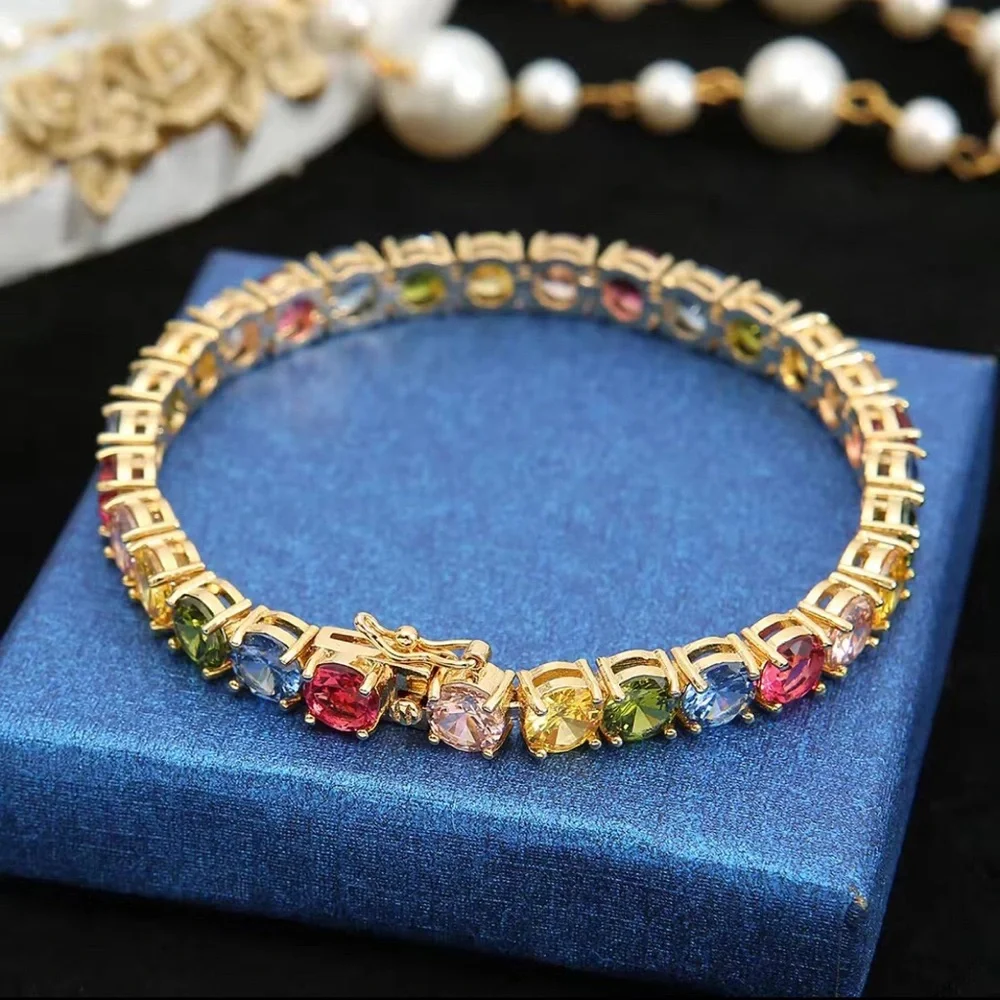 Ladies 18kt gold plated colorful 6mm faceted cubic zirconia tennis bracelet